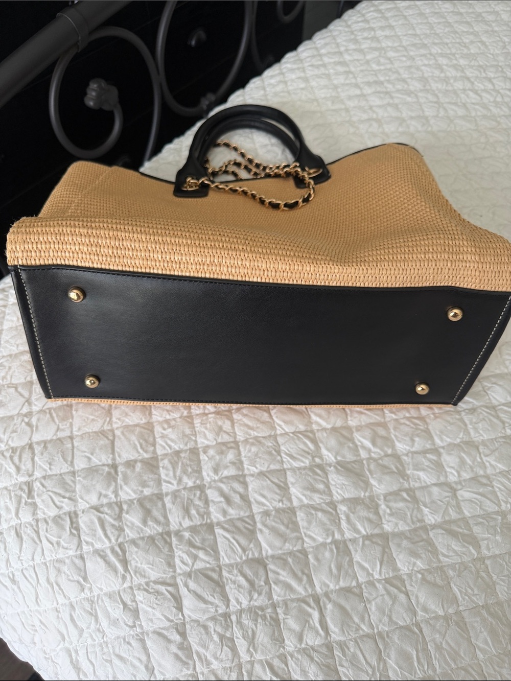 Urban Expressions Tan Woven Tote with Black Trim and Gold Chain - Picture 2 of 4